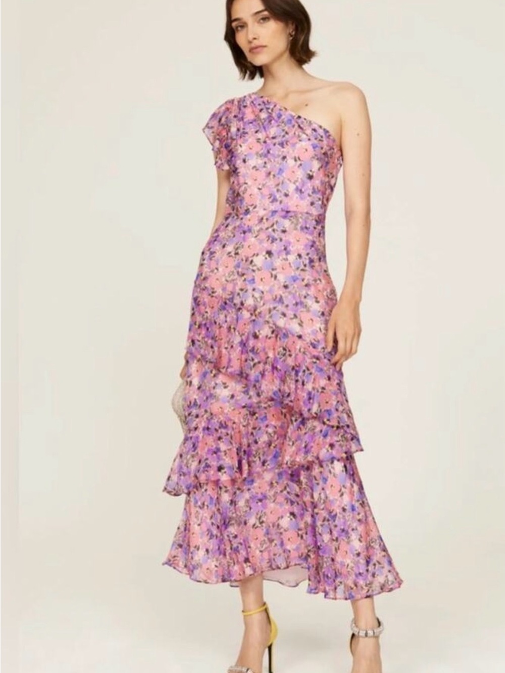 Shoshanna Midnight One-Shoulder Pink & Lavender Floral Midi / Long Dress size 8